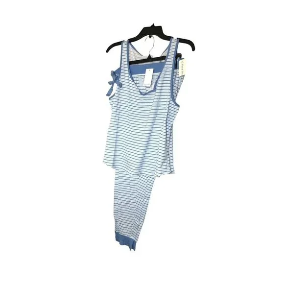 Splendid Womens Blue Striped Split Neck Tank Top Joggers Pajama Sets Sz L NWT